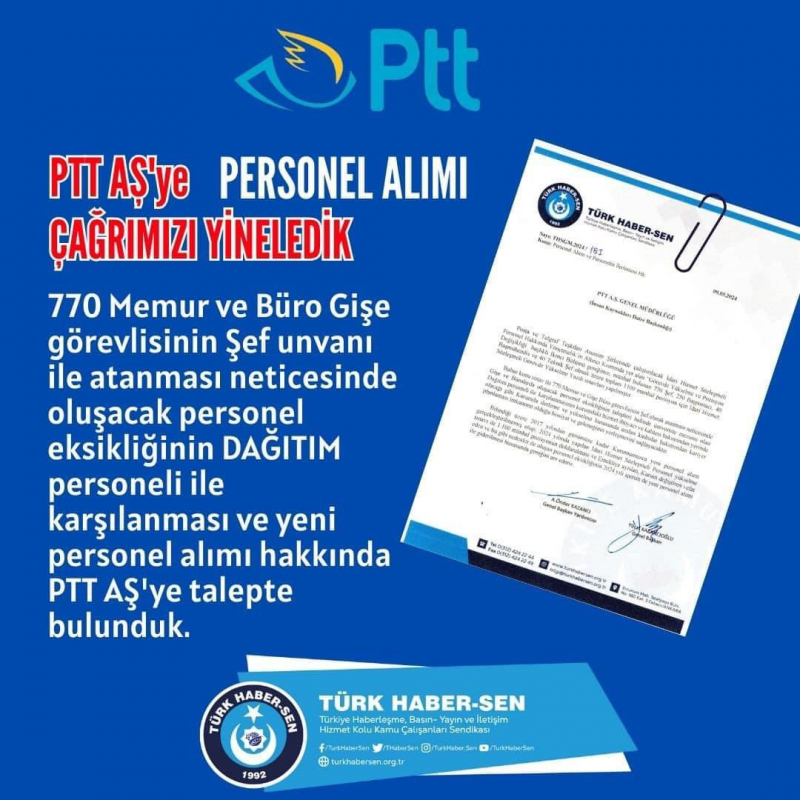 PTT AŞ'ye PERSONEL ALIMI ÇAĞRIMIZI YİNELEDİK