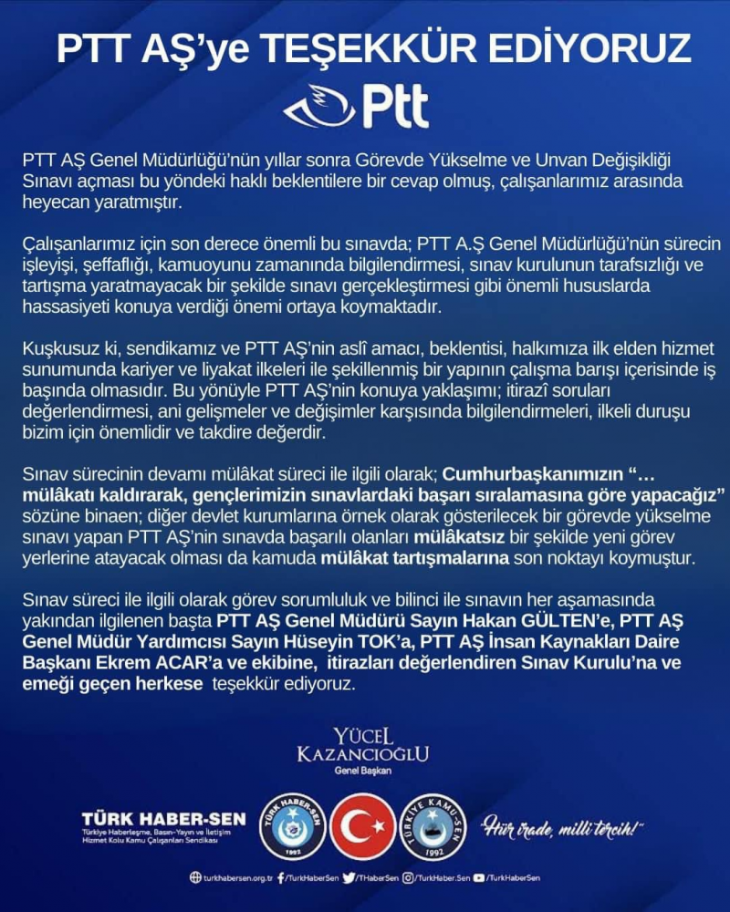 PTT A.Ş'YE TEŞEKKÜR EDİYORUZ